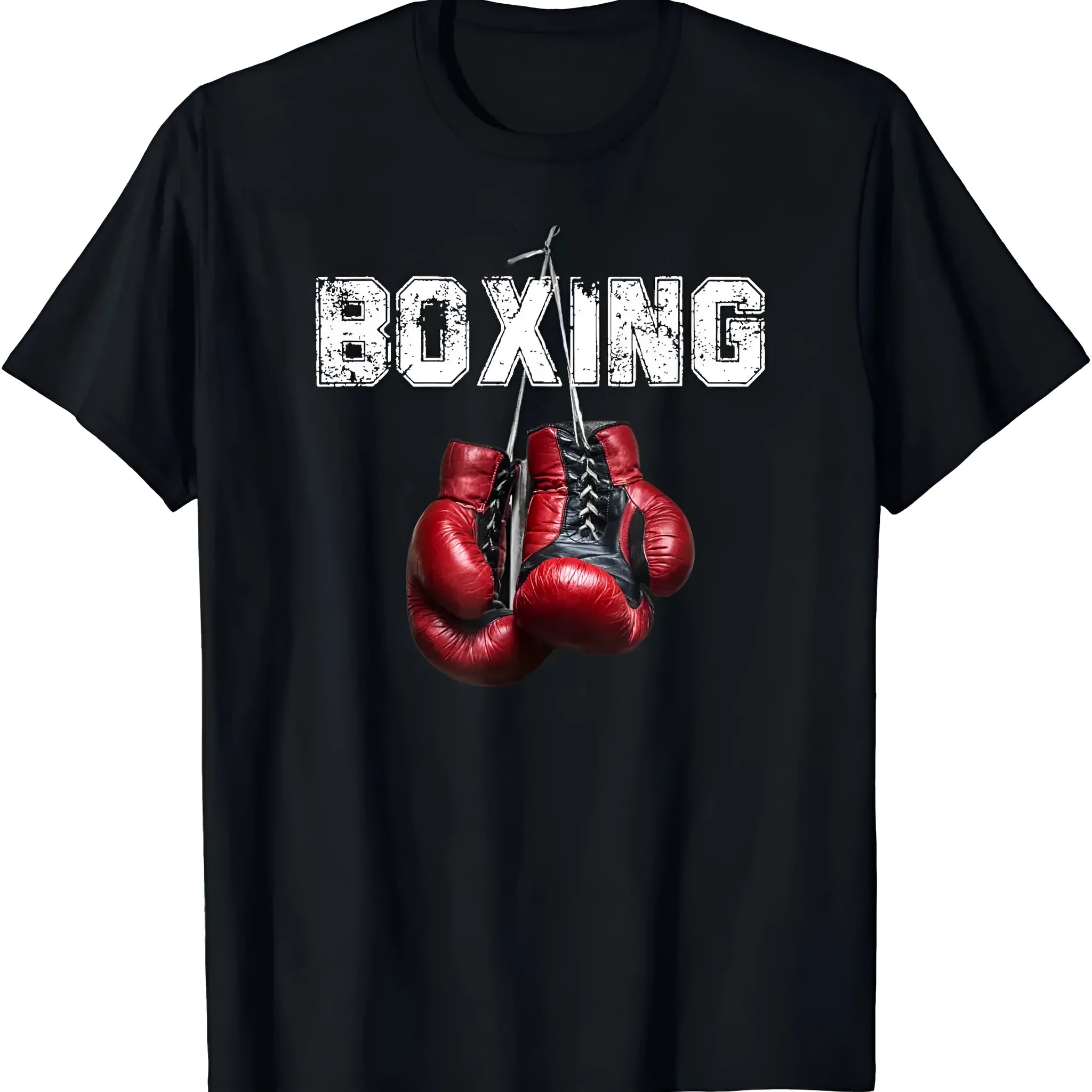 Fun pattern boxing short sleeve cotton T-shirt for men, loose fit, black KCAT213, front view