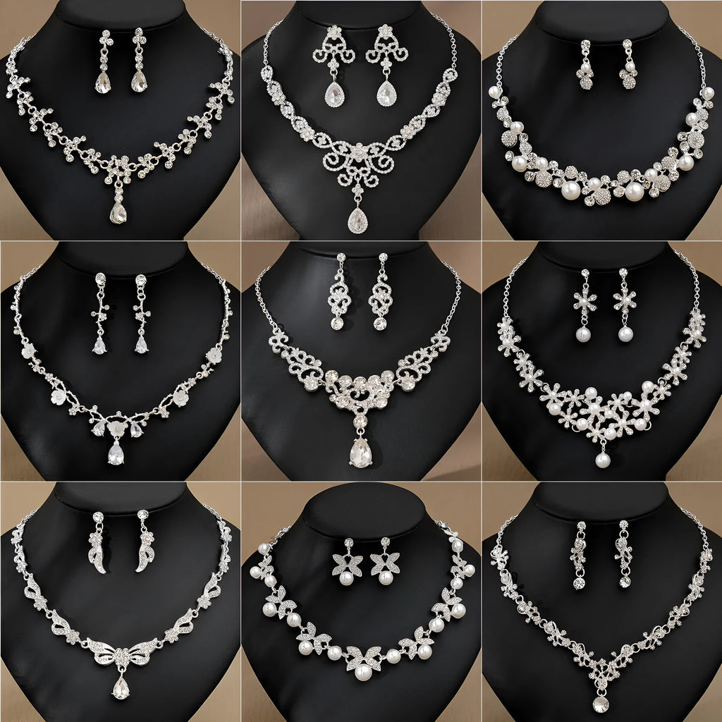 Rhinestone pearl earrings and necklace set for women wedding jewellery in silver gold AB blue green red champagne purple