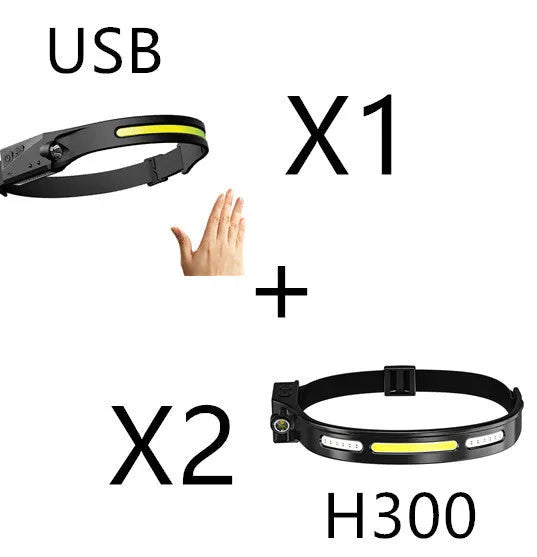 COB LED induction headlamp with wide beam and side LED for long-distance lighting, USB rechargeable, silicone build