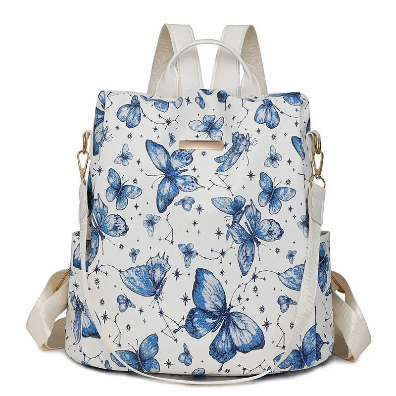 Butterfly printed large capacity backpack in multiple colours with sewing line detail