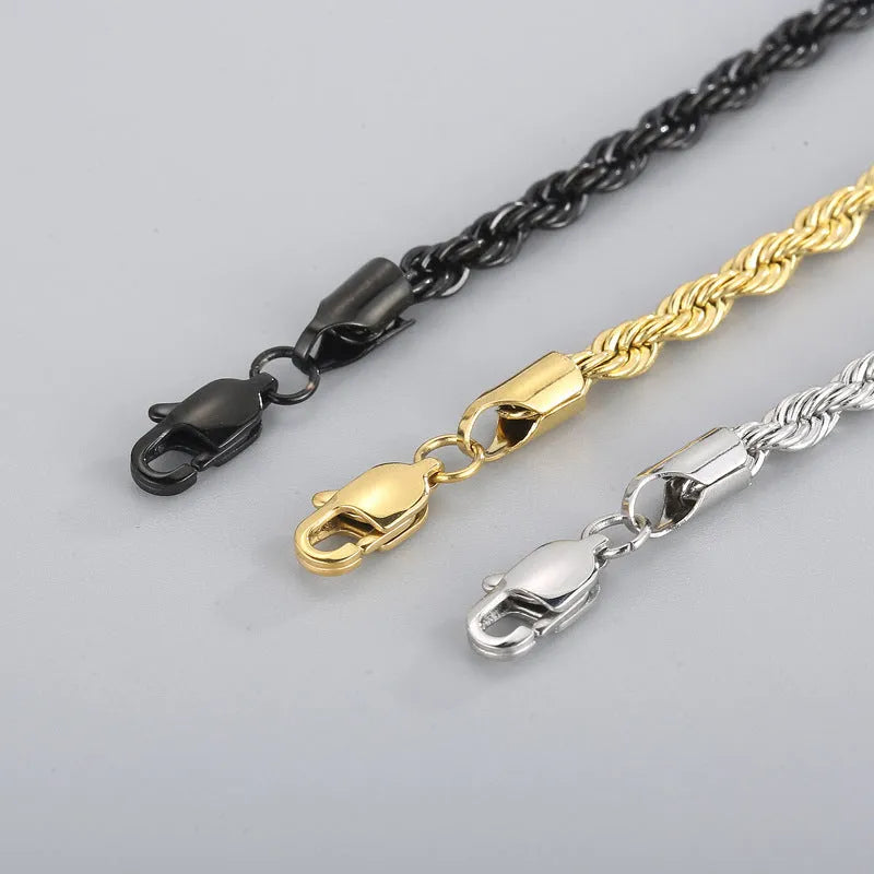 Gold double colour twist chain titanium steel bracelet with geometric design on white background