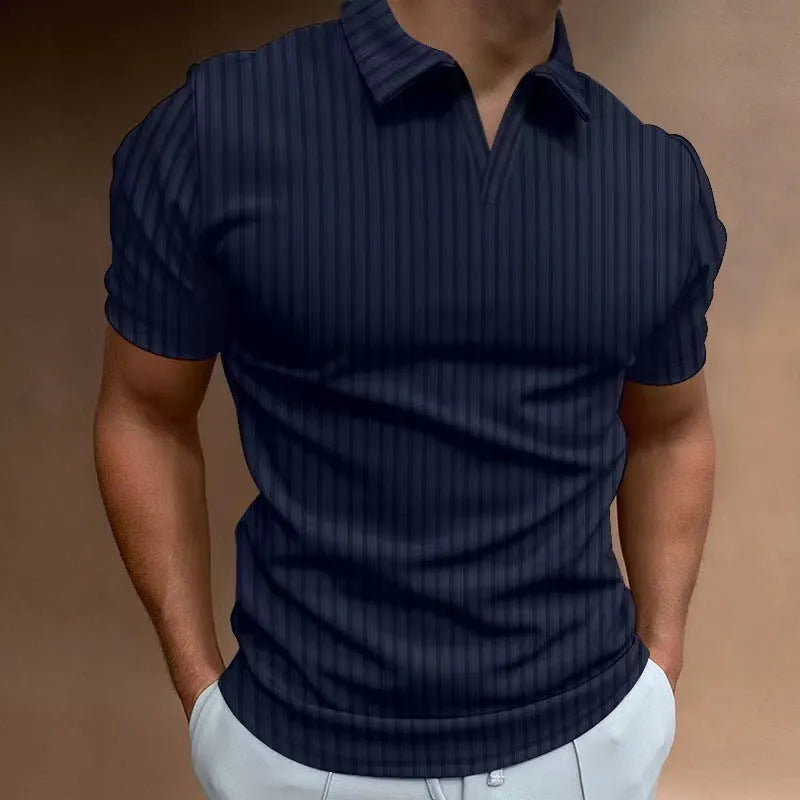 Men's striped V-neck polo shirt in light fabric for summer sports, shown in multiple colour options.