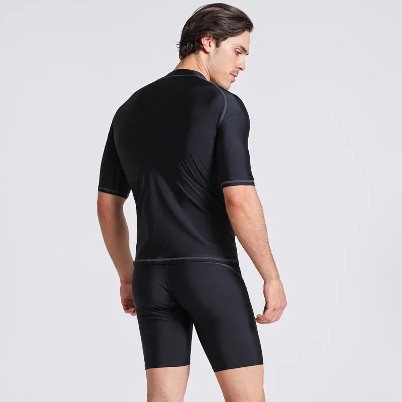 Men's navy blue quick-dry nylon swimsuit set with half sleeves and long swim pants