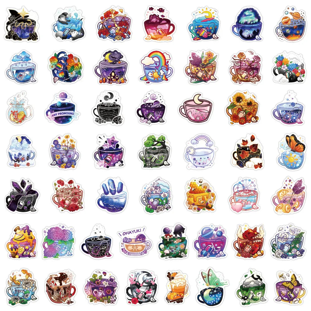 Colourful tea cup design graffiti stickers 50-piece set for sports equipment and luggage customisation