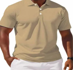 Men's slim fit button-front short sleeve casual shirt in a solid colour on a hanger.