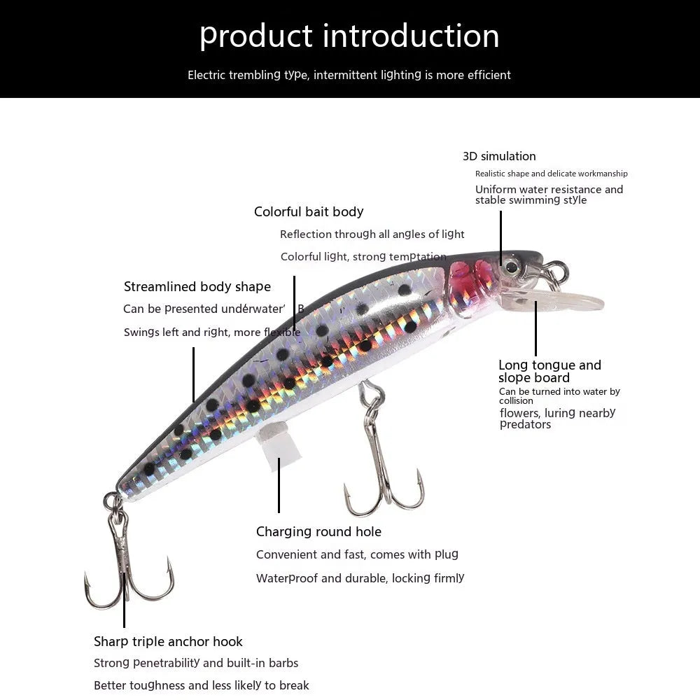Colourful floating mino fishing bait with USB charging cable for luminous night fishing