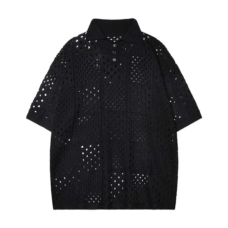 Teenager wearing a solid black loose-fit short-sleeved polo shirt with a hollow knitted texture.