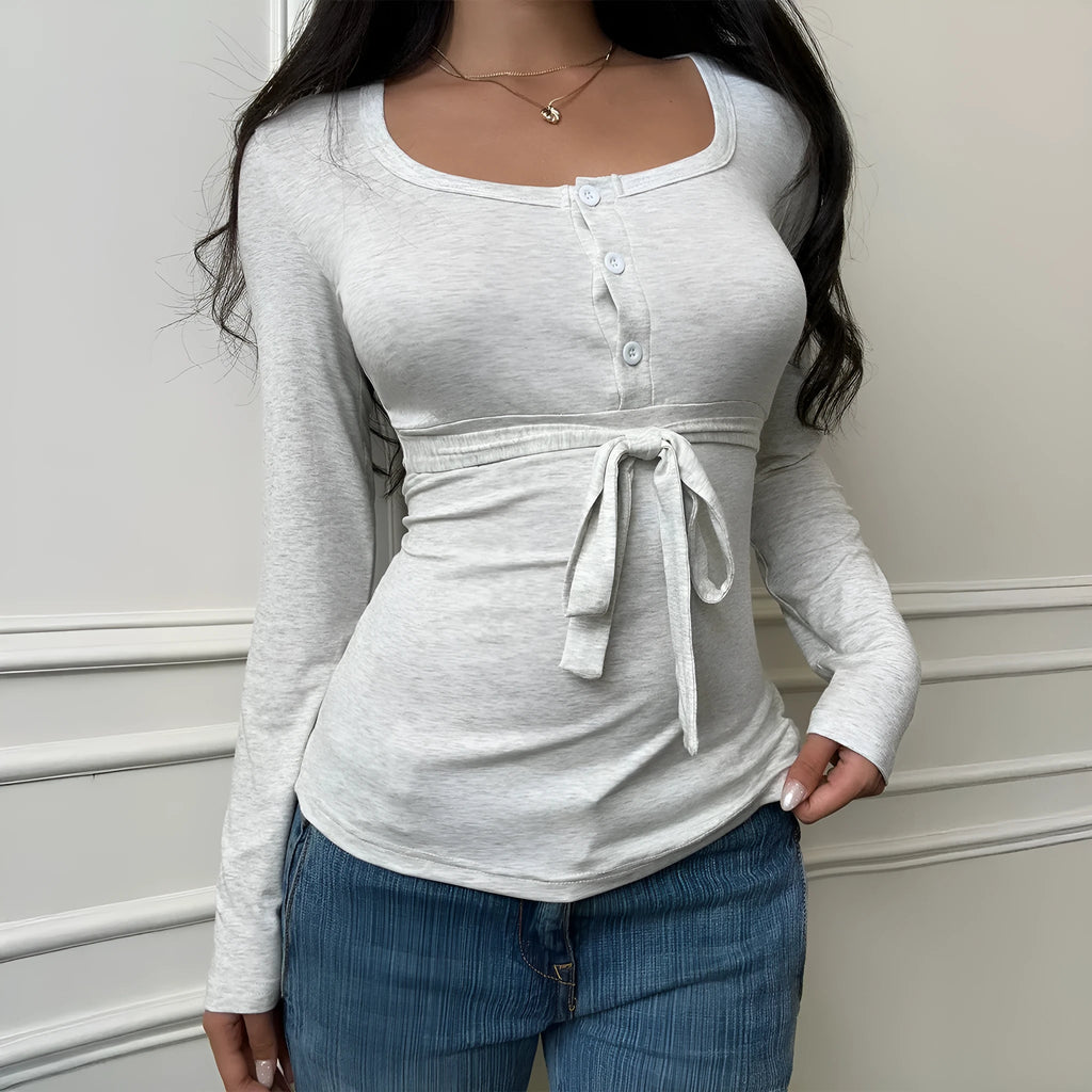 Women's slim fit long sleeve base layer t-shirt in gray sweater knit fabric
