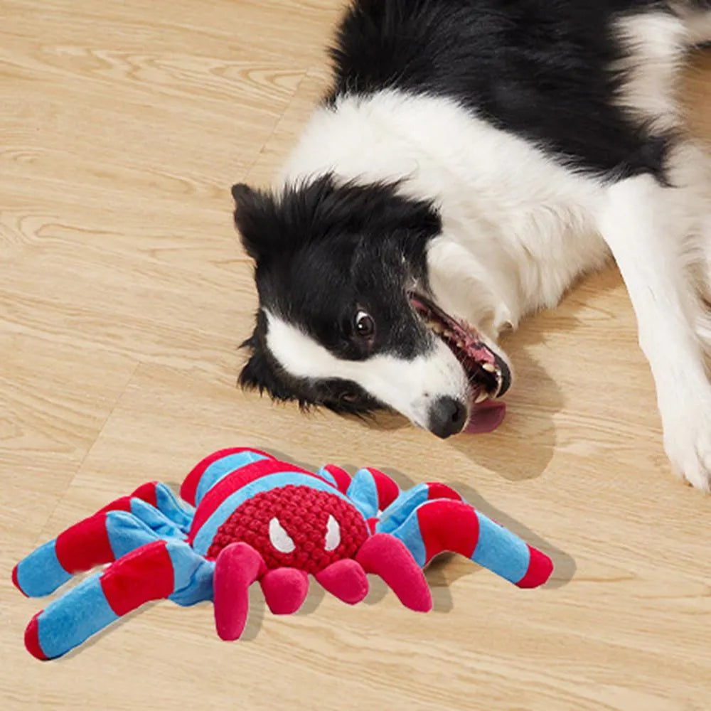 Red teddy dog chew toy with squeaker for tooth cleaning and boredom relief