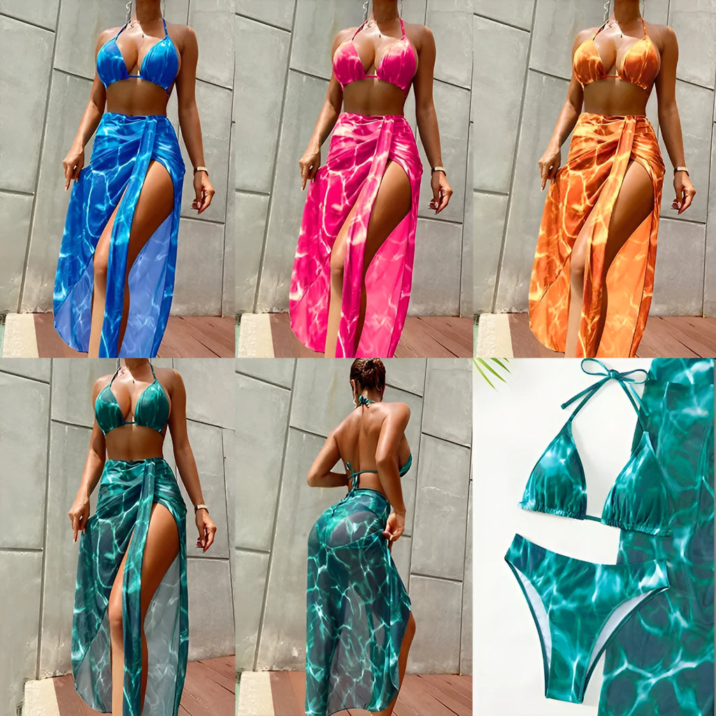 Floral three-piece bikini swimsuit for women in polyester with top, pants, and skirt in blue
