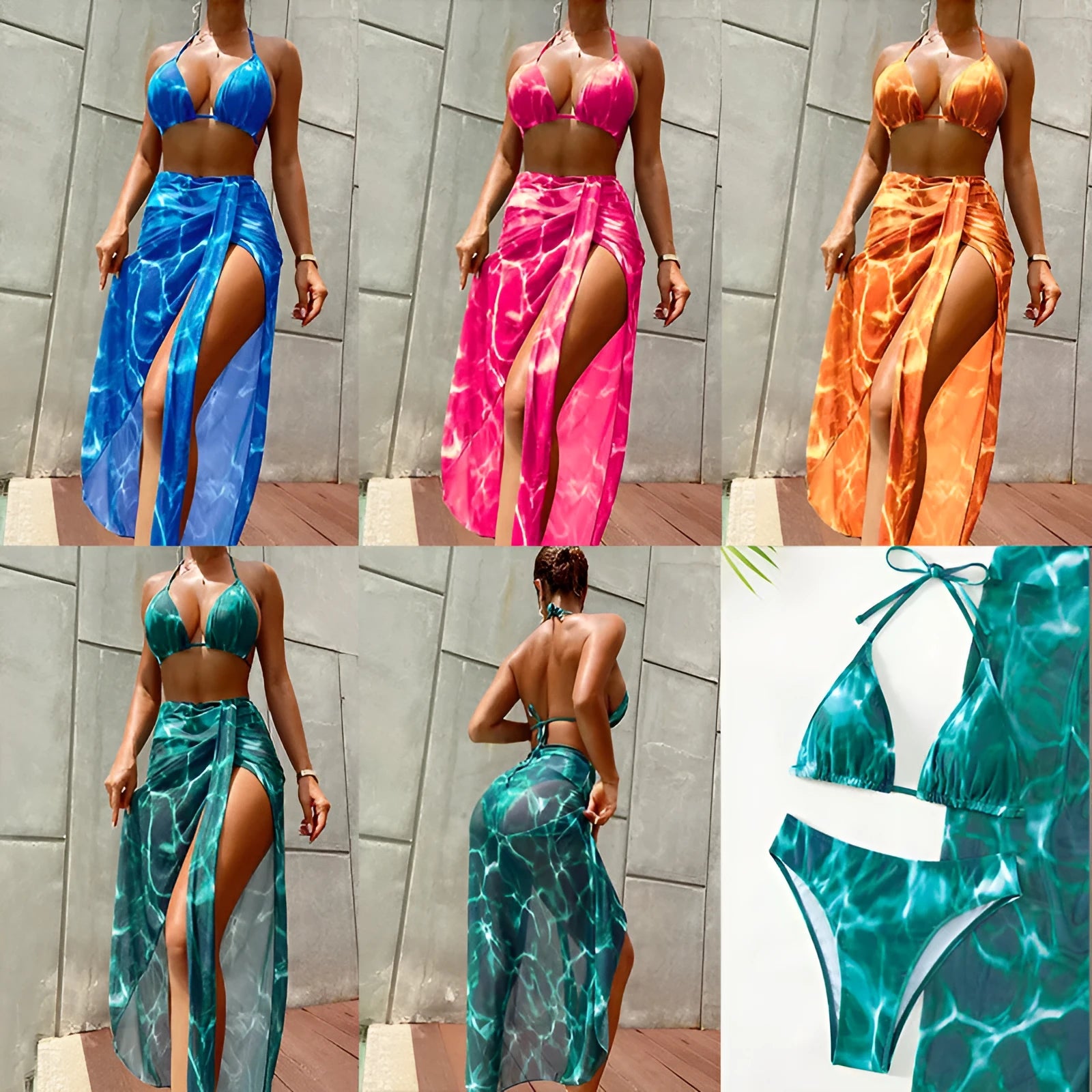 Floral three-piece bikini swimsuit for women in polyester with top, pants, and skirt in blue