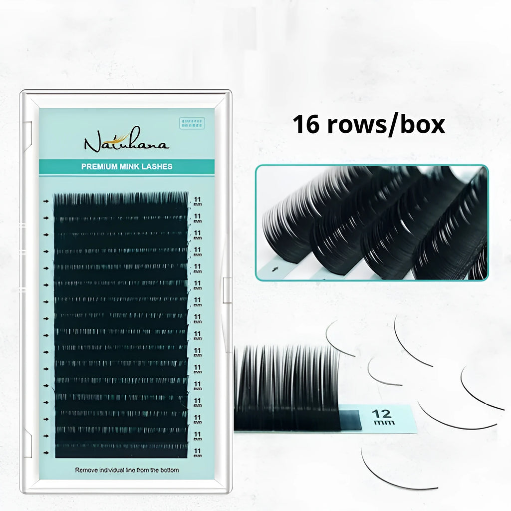 Artificial fibre false eyelashes showing length options from 7mm to 15mm with thickness specifications