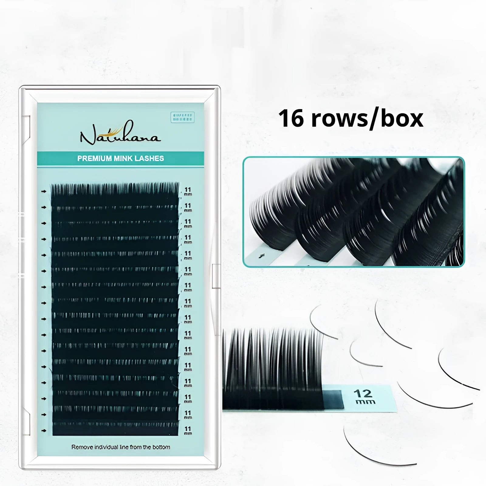 Artificial fibre false eyelashes showing length options from 7mm to 15mm with thickness specifications