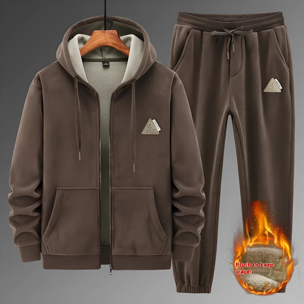 Men's grey cashmere hooded sweater and matching trousers sports suit set on hanger
