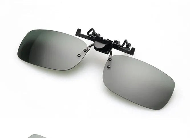Myopia sunglasses clip in PC material for driving, shown in dark green, grey, and night vision lens options.