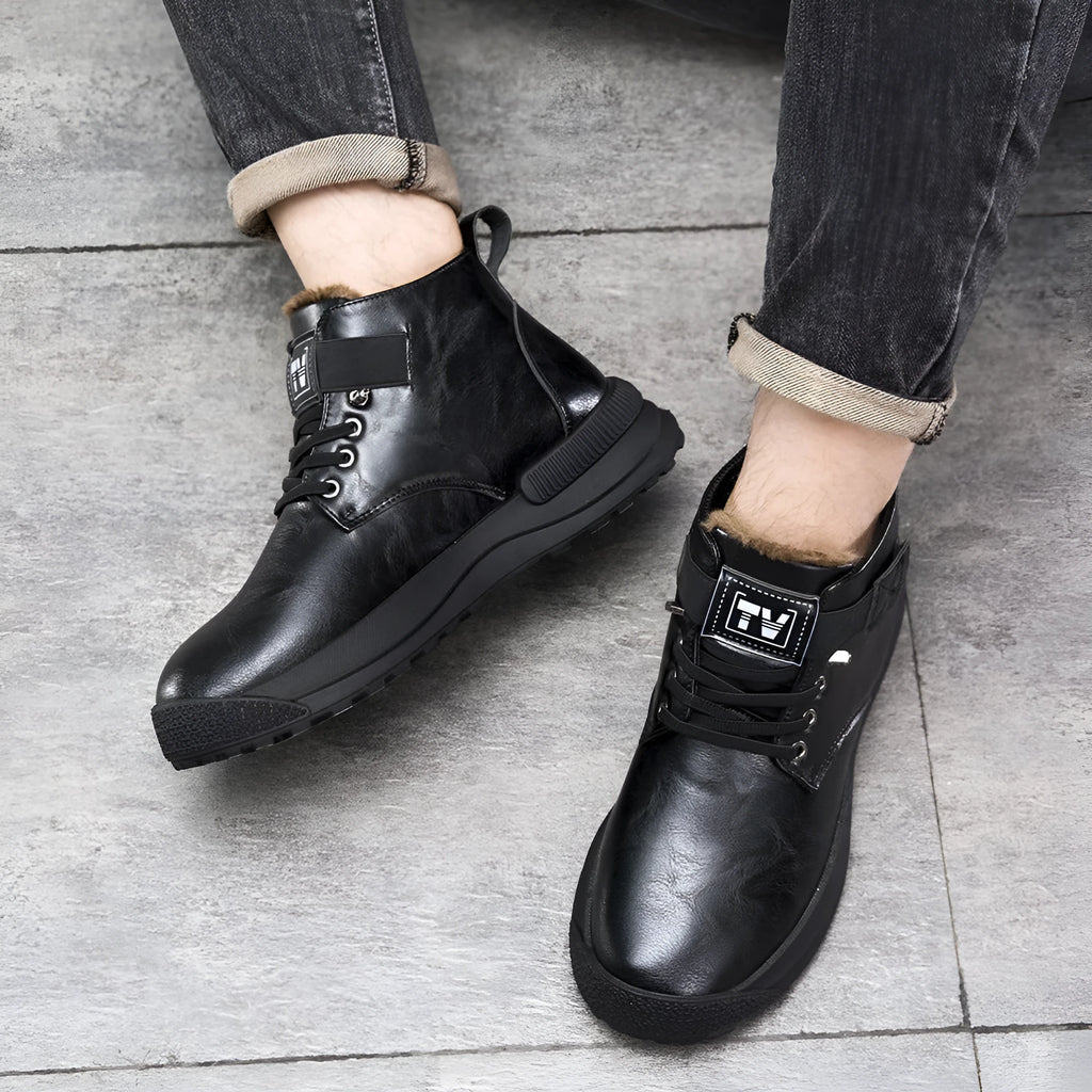 Men's black high-top platform Martin boots with a velvet finish and rubber sole.