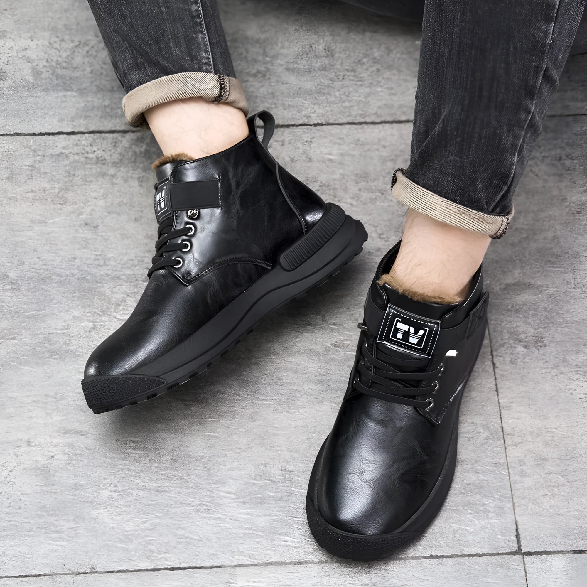 Men's black high-top platform Martin boots with a velvet finish and rubber sole.