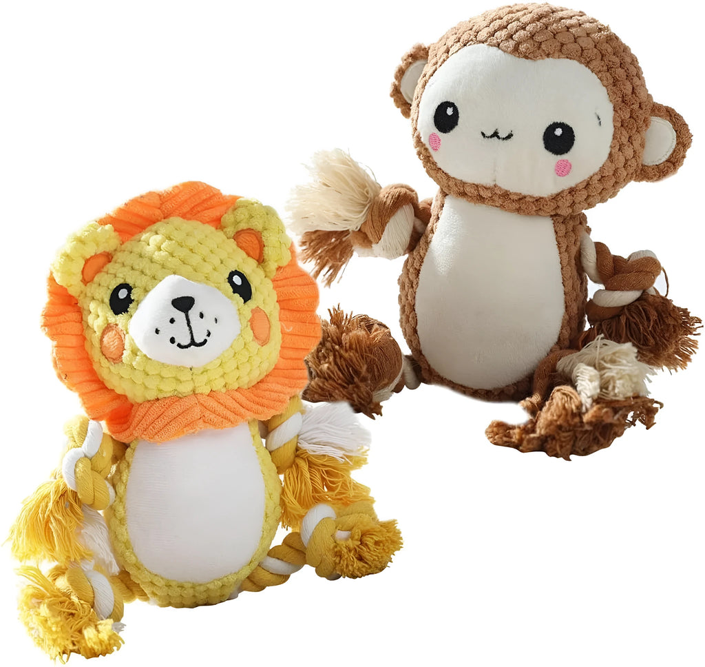 Lion and monkey shaped plush squeaky dog toys for medium and large breeds