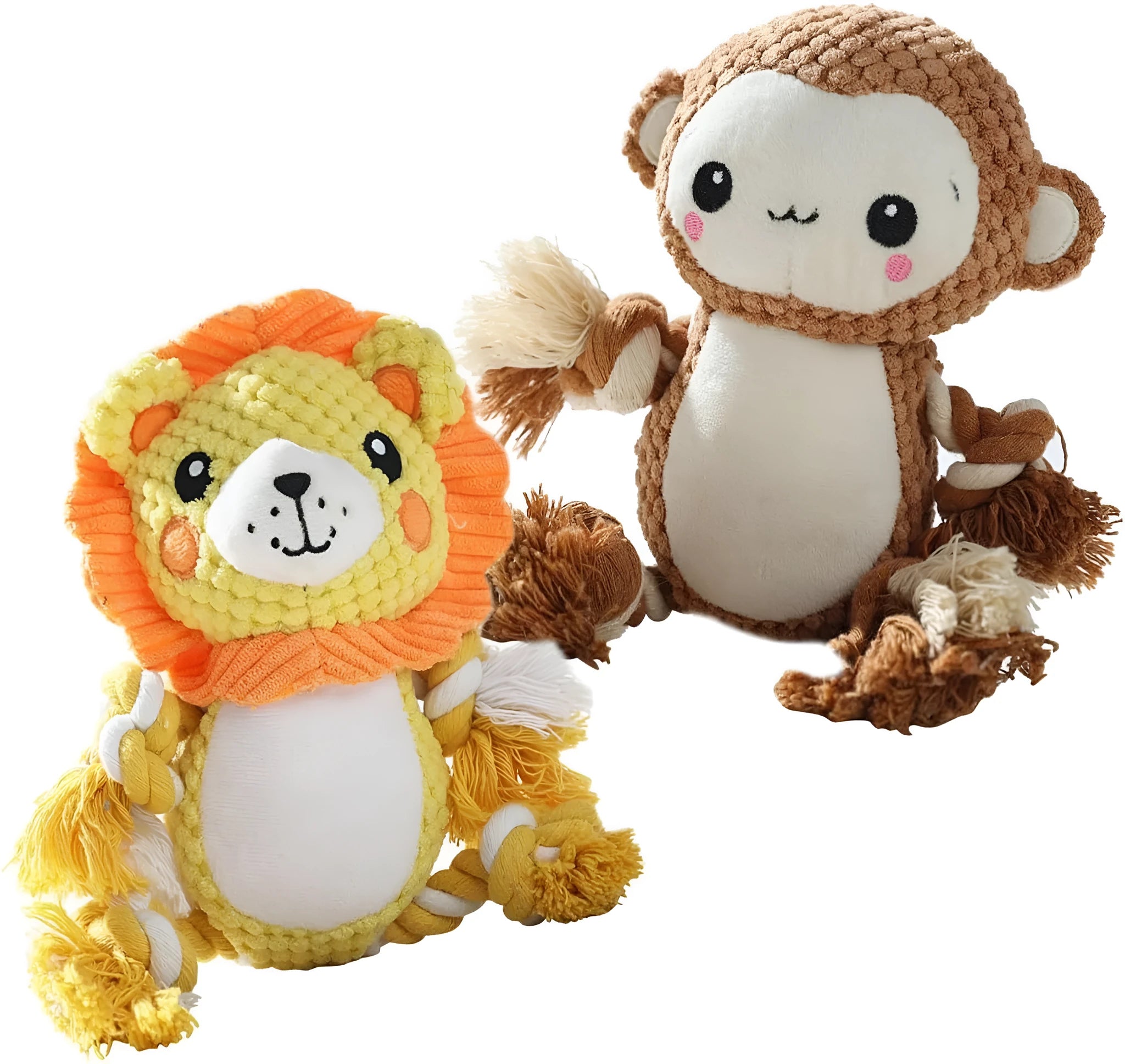 Lion and monkey shaped plush squeaky dog toys for medium and large breeds