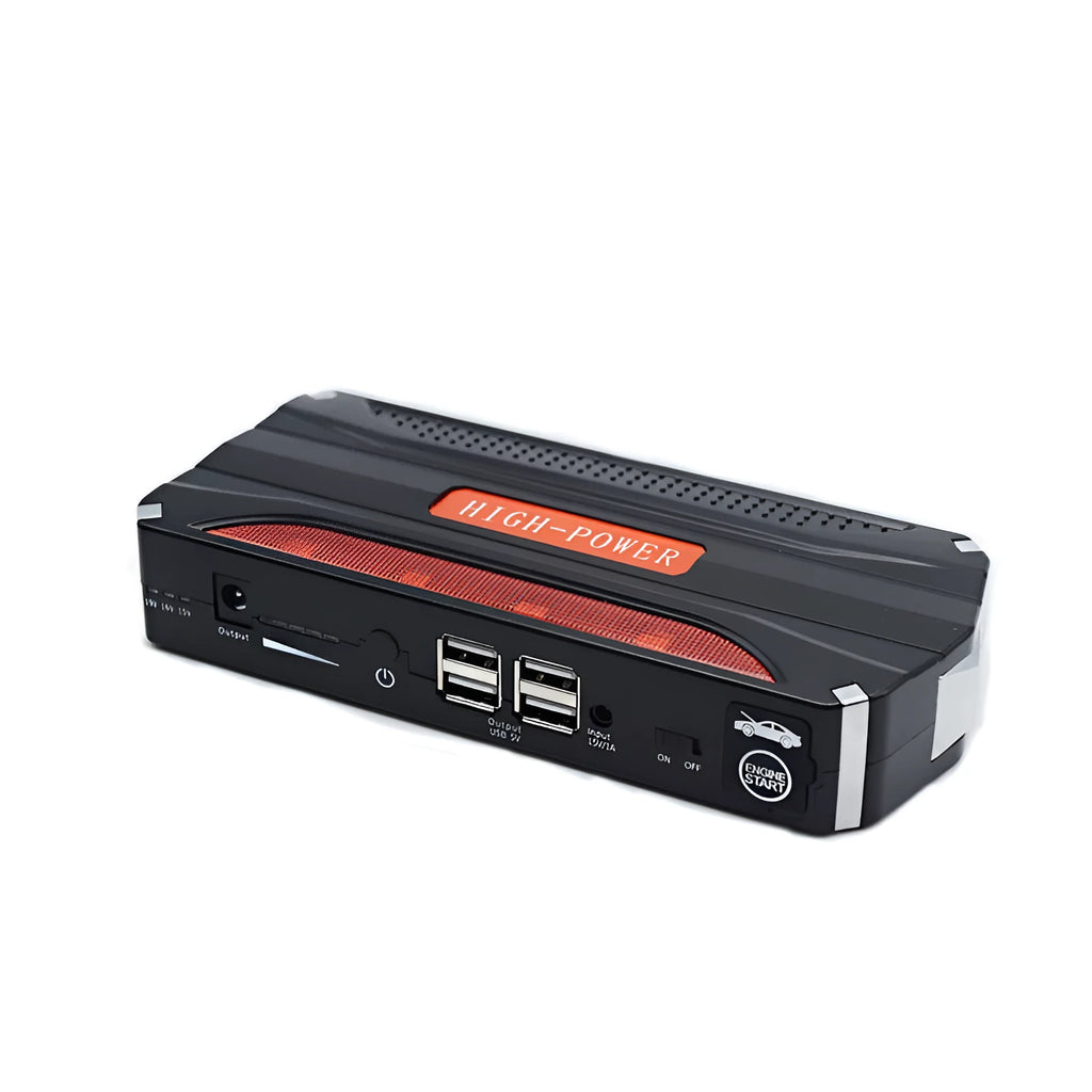 Black and red 12V vehicle emergency starting power supply measuring 178x80x30mm with 7800mAh capacity