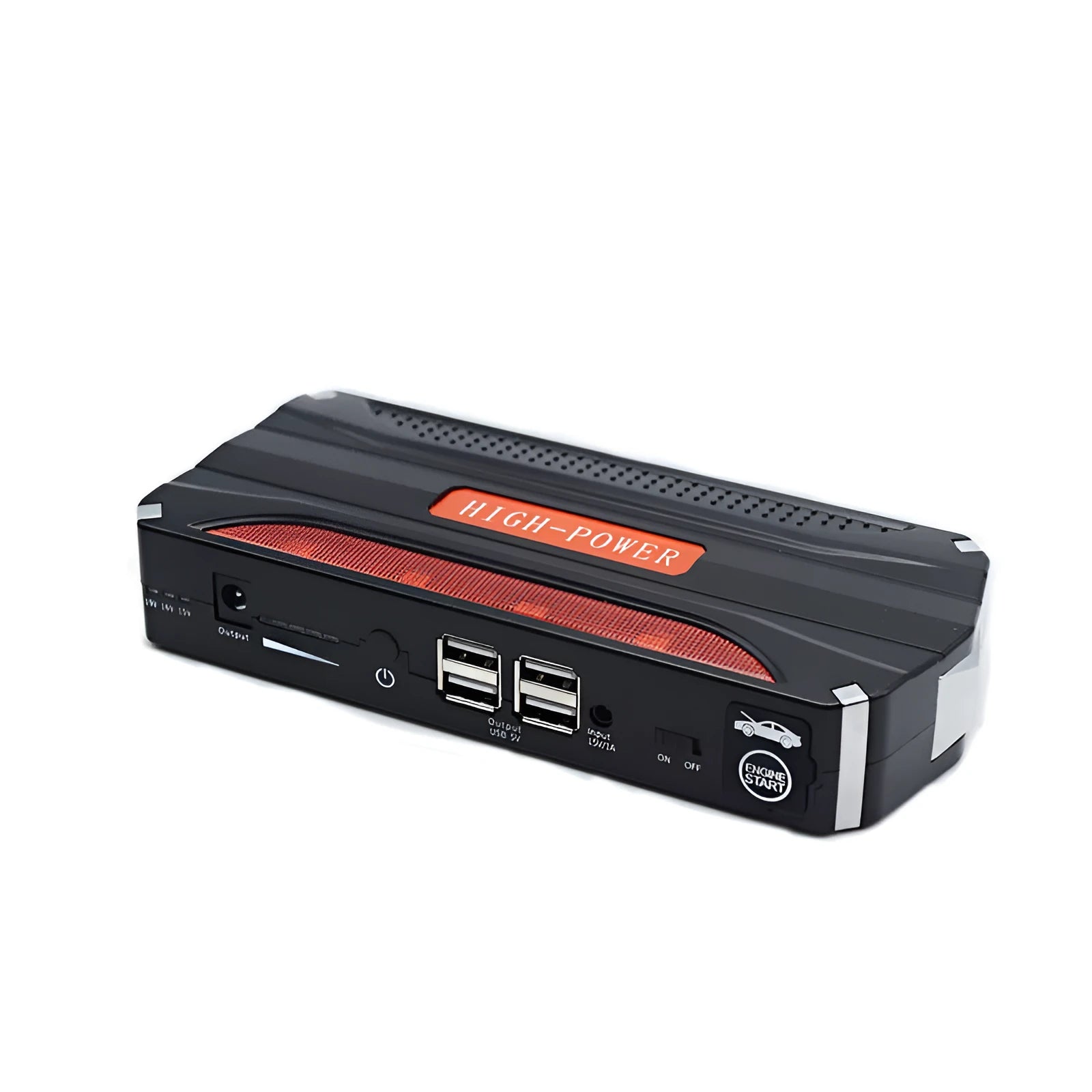 Black and red 12V vehicle emergency starting power supply measuring 178x80x30mm with 7800mAh capacity