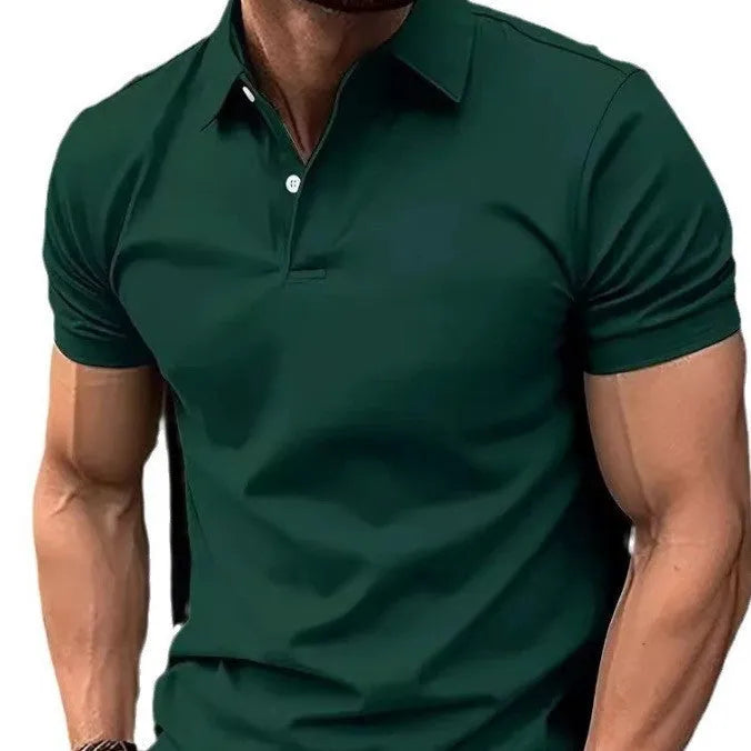 Men's slim fit button-front short sleeve casual shirt in a solid colour on a hanger.