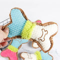 Three plush dog squeaky toys in blue white colour, each measuring 17x10x2cm, on a light background