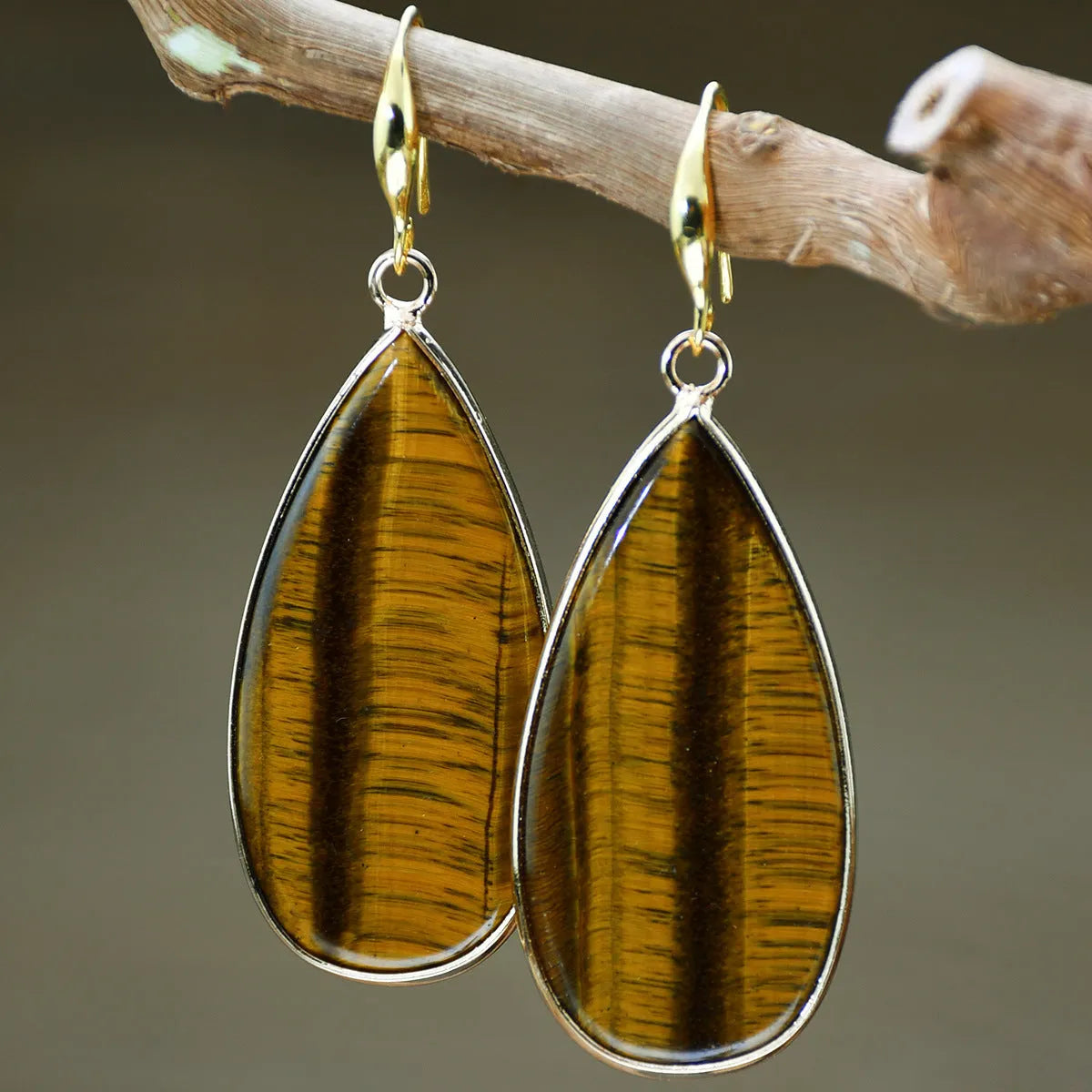 Handcrafted vintage stone water droplet earrings in tigereye, amethyst, pink crystal, redstone and turquoise colours