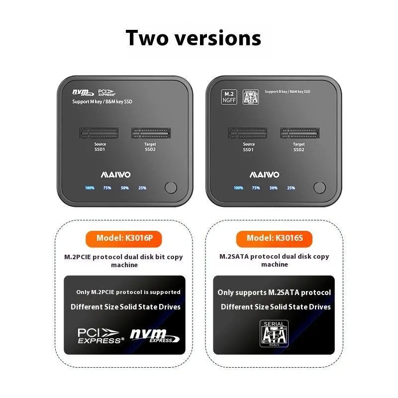 MAIWO K3016 M.2 solid state hard drive dock and copier unit with data cables and UK plug power adapter.