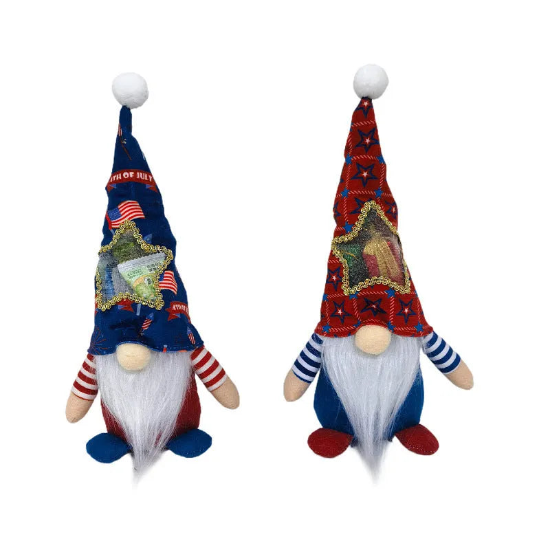 Two faceless red Rudolf baby doll ornaments with suit styling on a white background