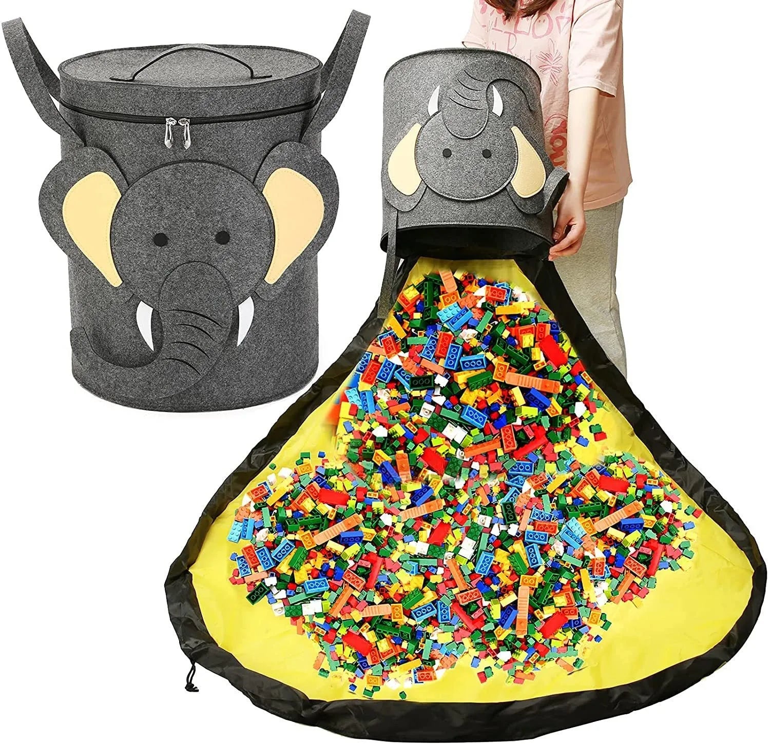 Green felt storage bag cinched closed with pull rope, shown next to it laid flat as a play mat