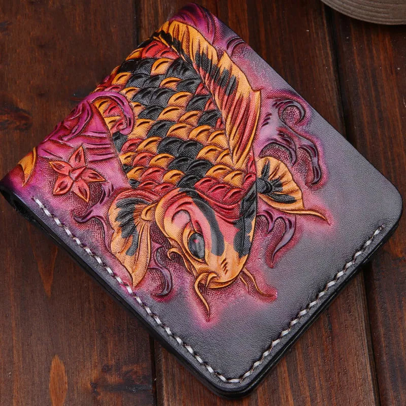 Men's carved leather short wallet showing open design and compact 10x12cm dimensions