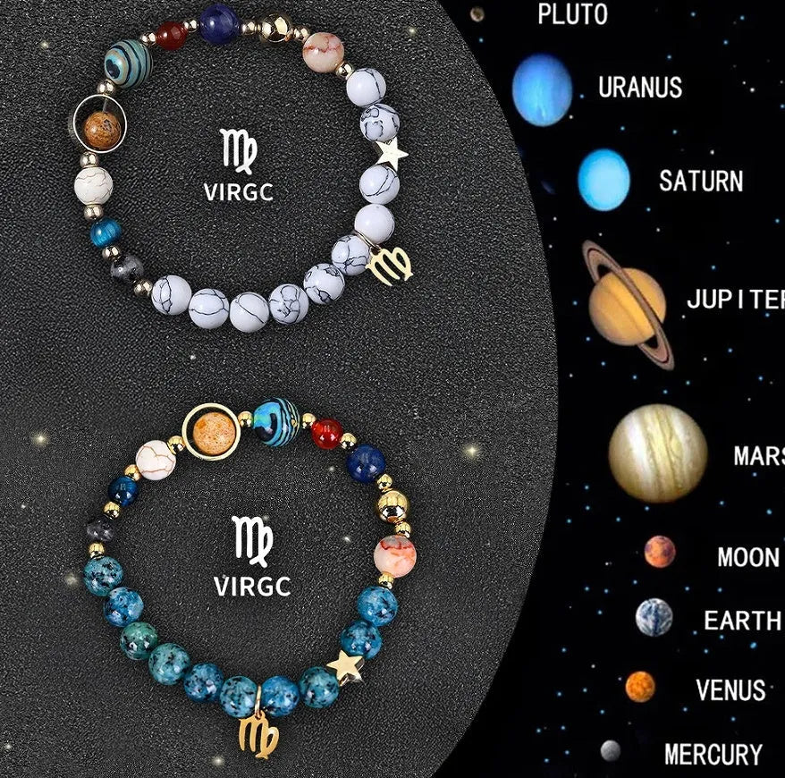 Two natural stone beaded bracelets showing different zodiac sign designs on an adjustable cord.