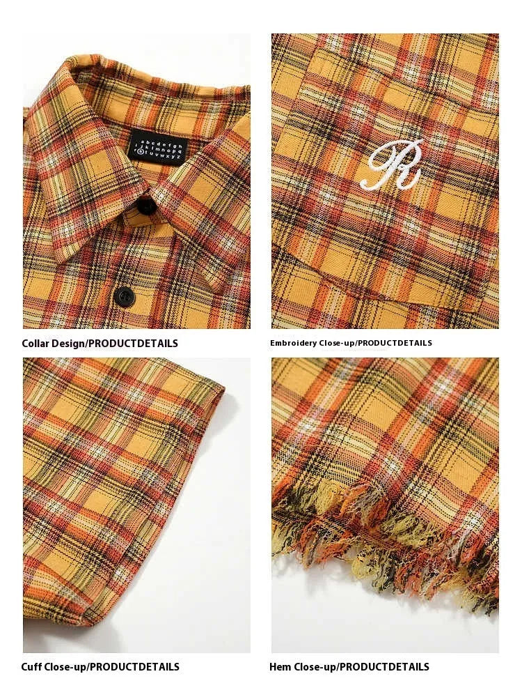 Yellow checked button-down shirt with embroidered pocket on chest