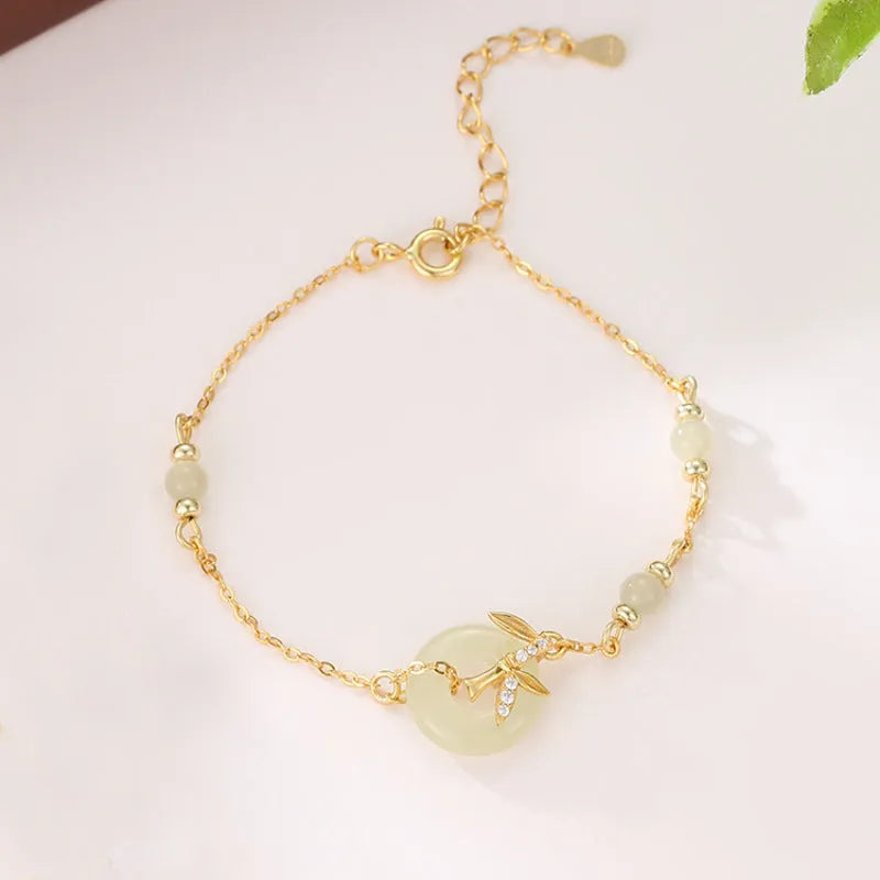 Women's antique-style Hetian Jade bracelet with 925 silver safety buckle in gold or silver colour options