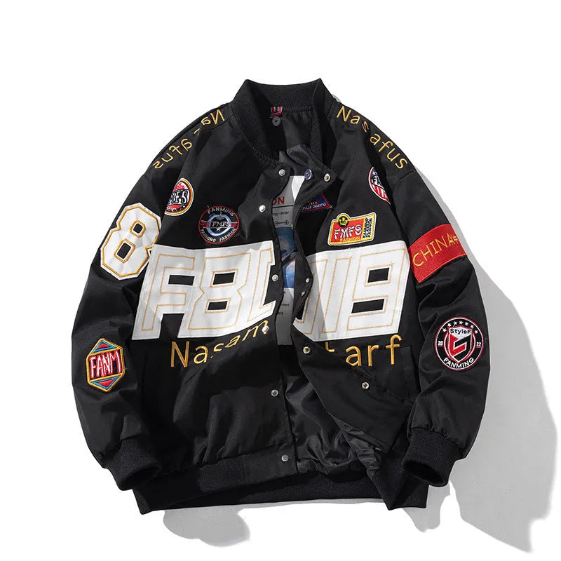 Thick polyester motorcycle jacket with embroidered baseball trim and drawstring sleeves in black