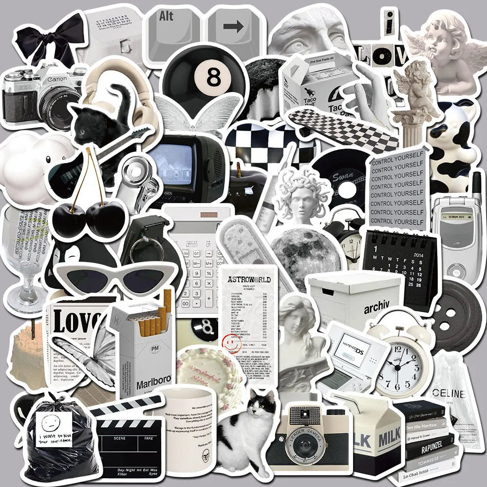 Black and white PVC waterproof stickers with coffee cup designs for laptop and phone decoration