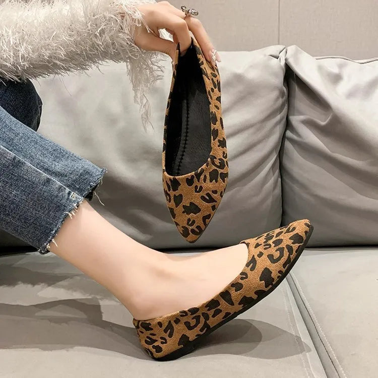 Women's leopard print flat pumps with pointed toe and low heel in three colour options