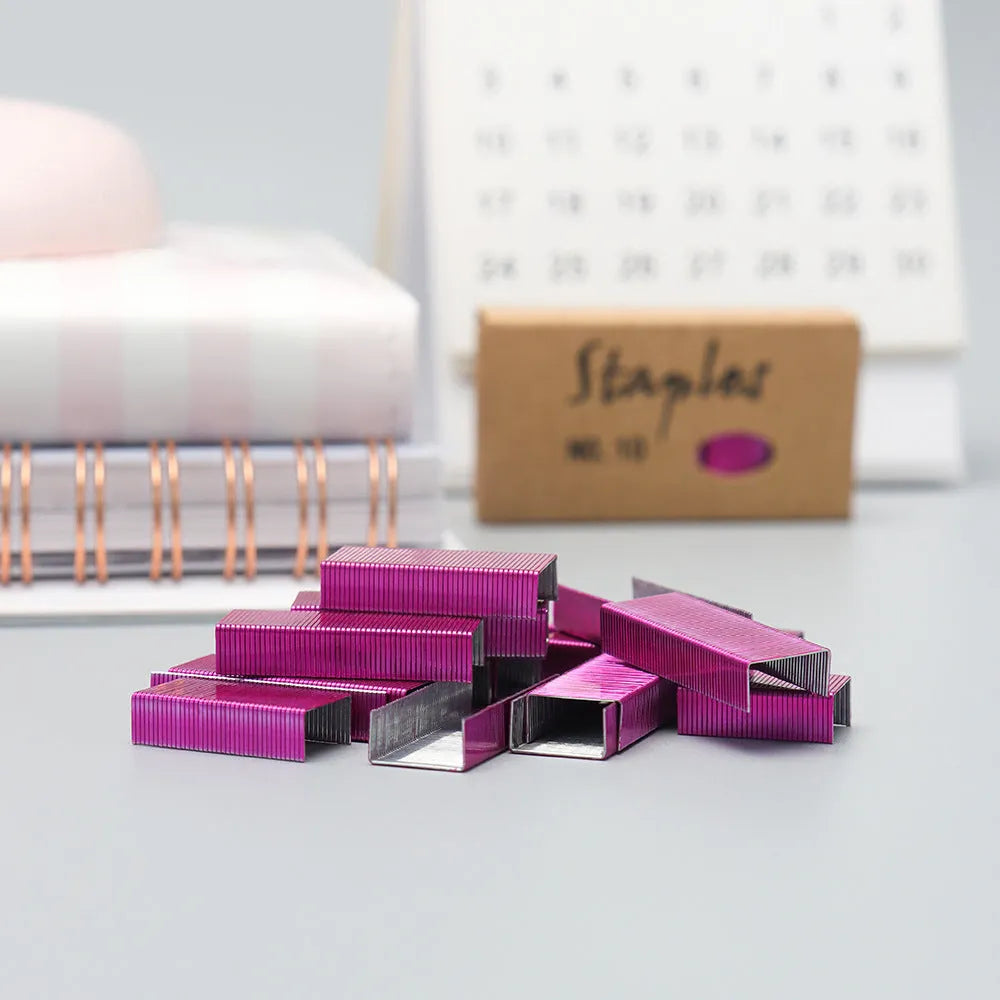Box of 1000 metal office staples in black purple rose gold and rose red colour options
