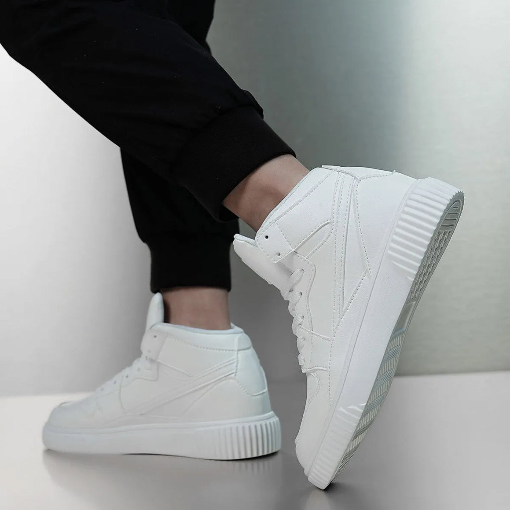 Men's white round-toe casual shoes with microfiber uppers on a plain background.