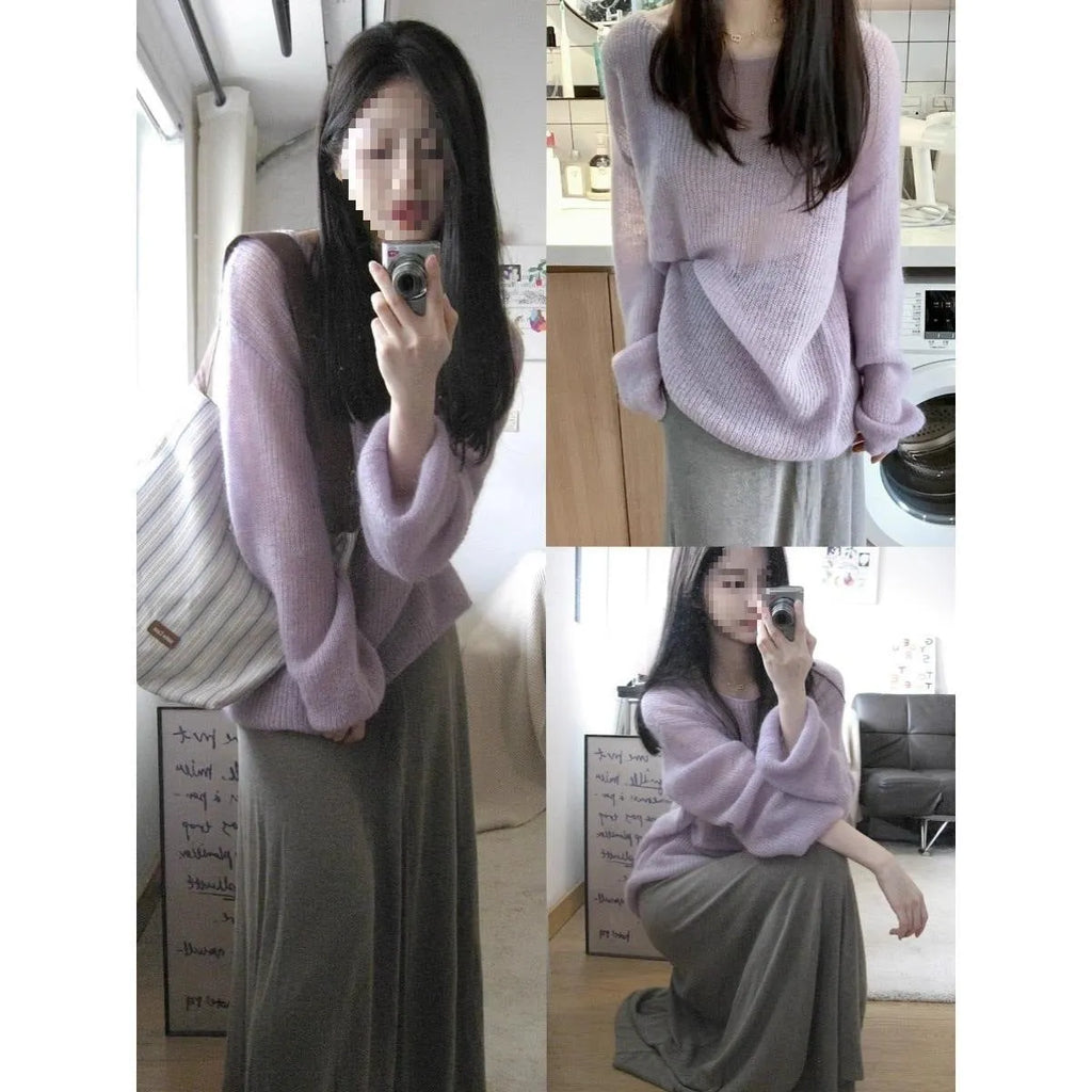 Purple sleeveless blouse with princess sleeves and hollow-out detail, made from lightweight ice silk fabric.