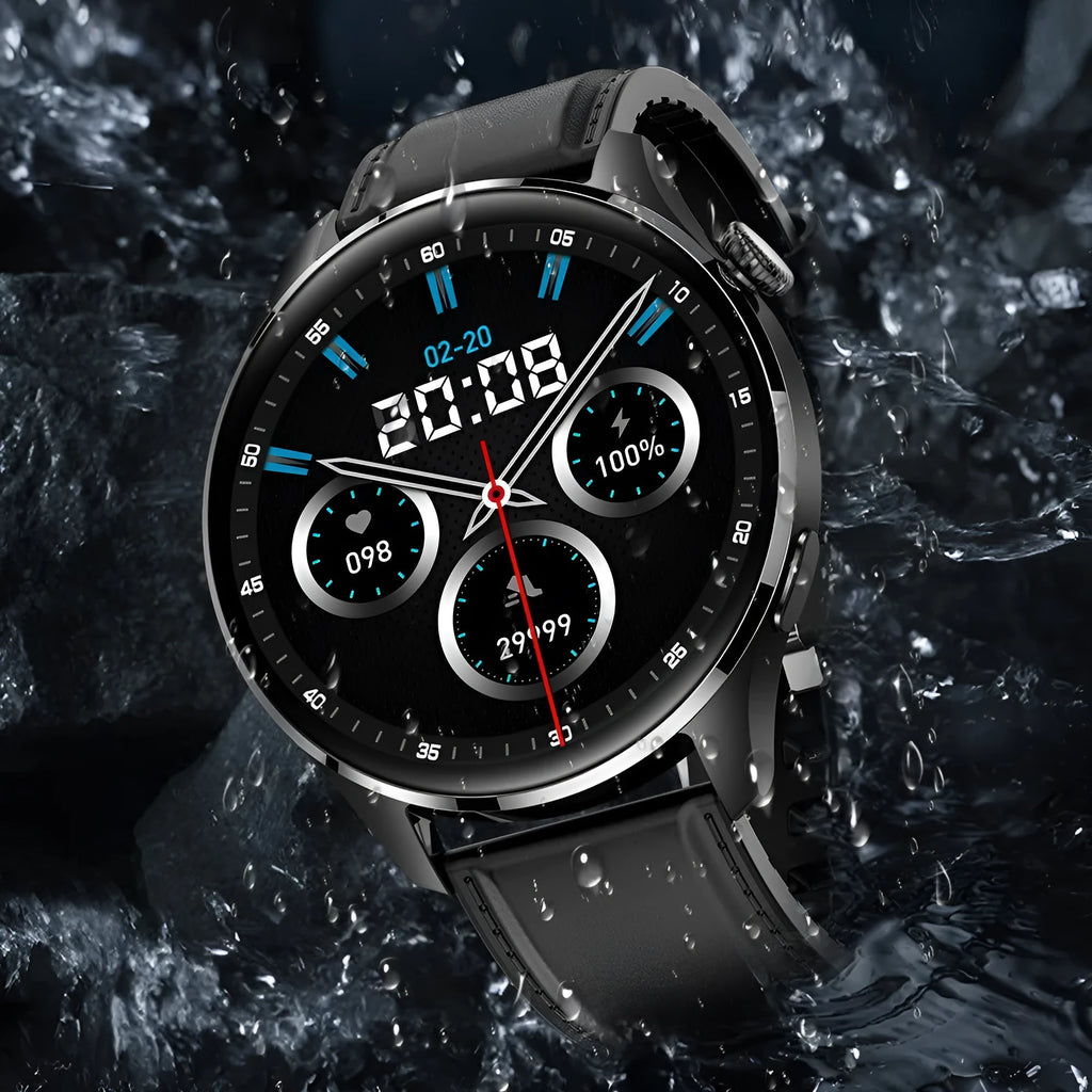 Smart watch with round colour screen and black silicone strap, showing Bluetooth calling interface.