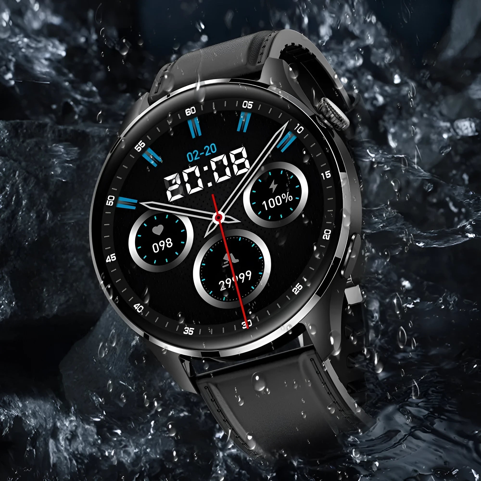 Smart watch with round colour screen and black silicone strap, showing Bluetooth calling interface.