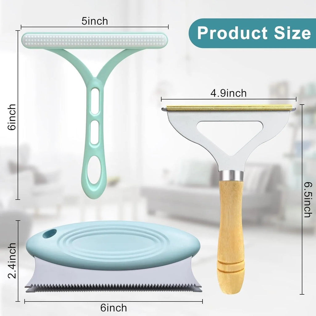 Three-piece pet hair remover set with beech wood handle, silicone brushes, and round plastic cleaner.