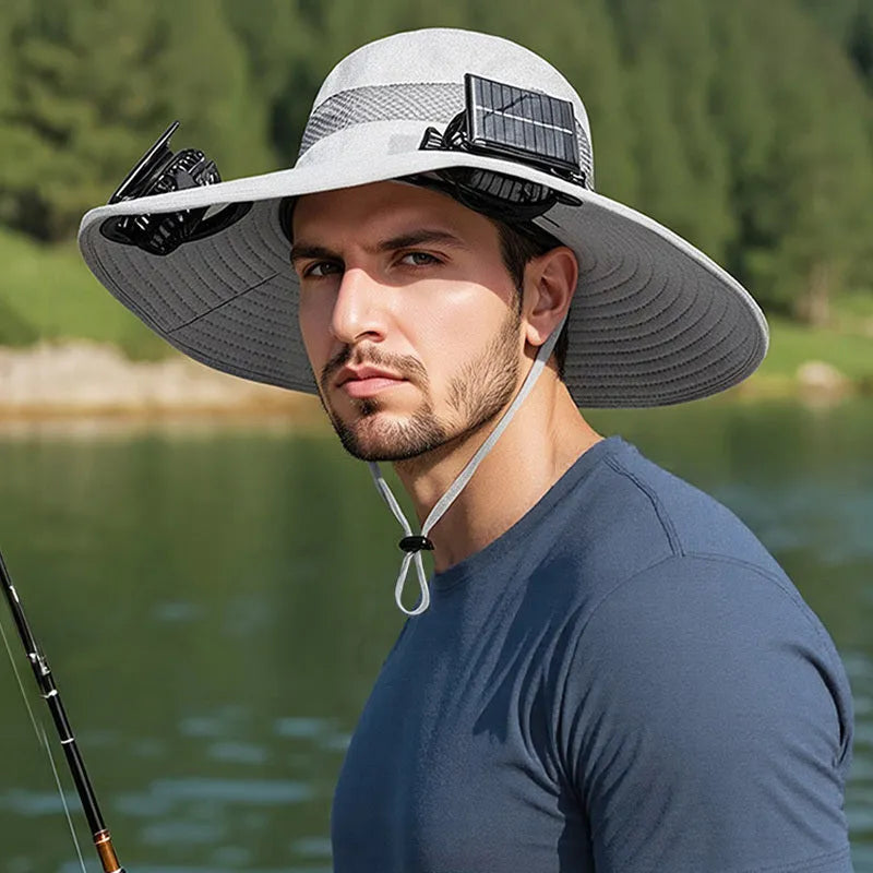 Men's beige solar-powered fan hat with wide brim and integrated cooling fan