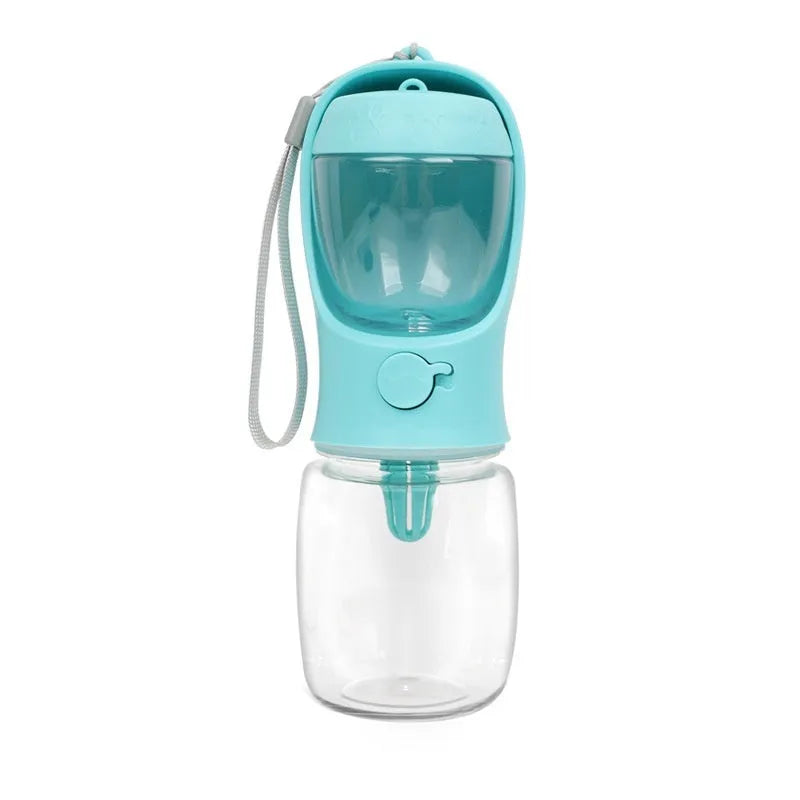 Blue portable dog water bottle with a collapsible bowl extended, showing the two-in-one design.