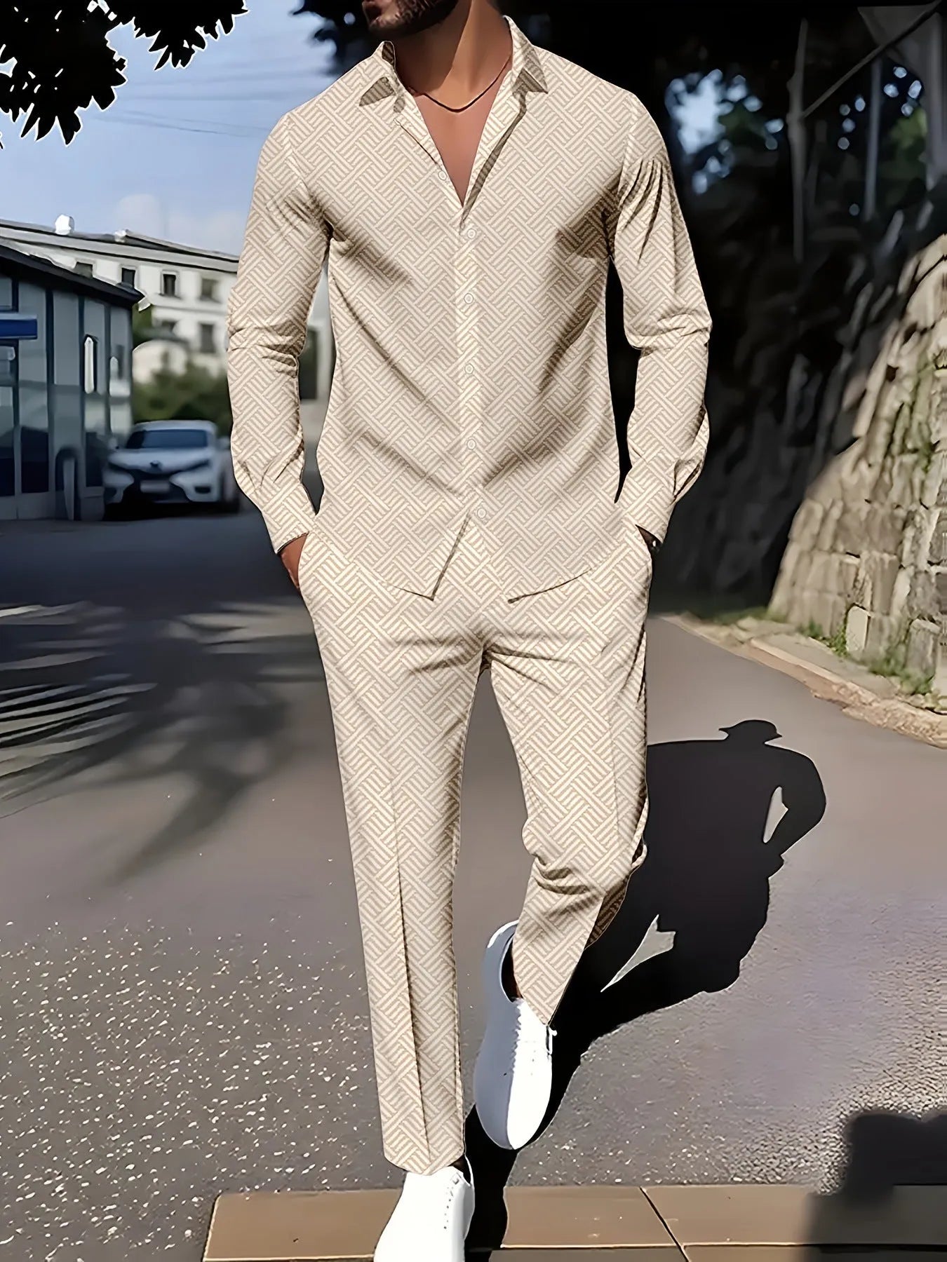 Men's plaid square grain print suit set with shirt and trousers in apricot colour on model