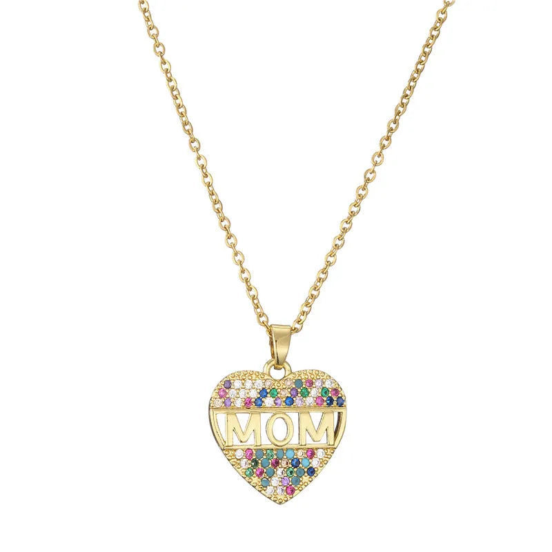 Peach heart MOM pendant necklace in gold colour, copper material, on adjustable chain