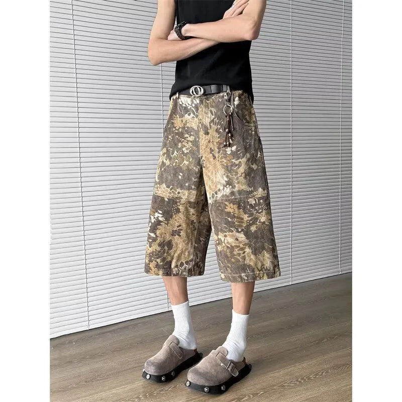 Yellow snake camouflage pattern on cropped denim jeans