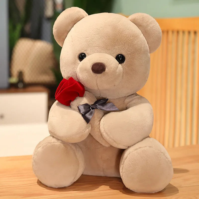 Rose bear plush pillow stuffed animal doll in beige, brown or grey with clear cartoon printing